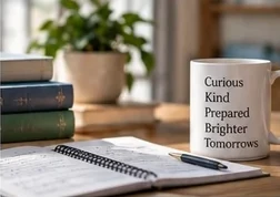 Books, a notebook, and a welcoming classroom desk.