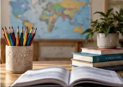 Open books and colored pencils with a world map in the background.