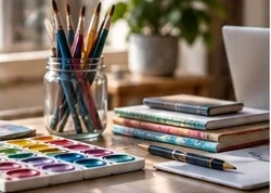Art supplies and books ready for a creative lesson.